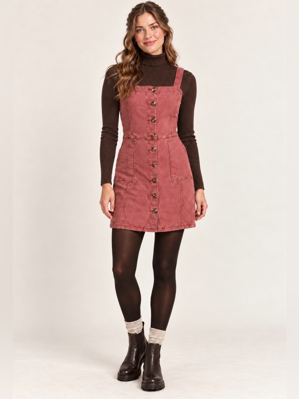 Thread & Supply Dusty Rose Denim Button Front Pinafore Mini Dress M